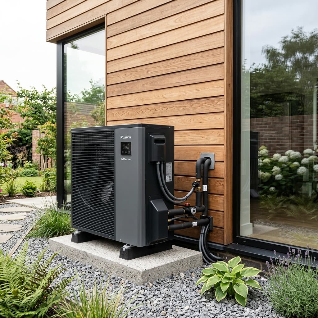 Pompe à chaleur moderne installée devant une maison, entretenue par SAGA CONSEIL